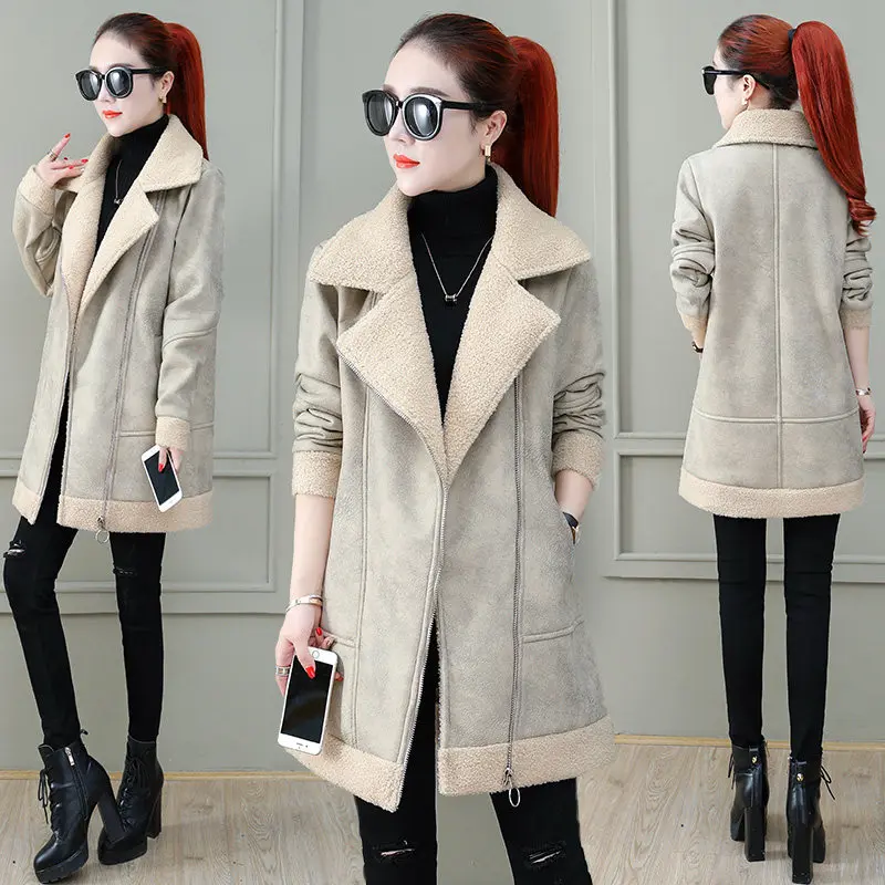 khaki parkas MUMUZI, женское теплое меховое пальто, карман, молния, длинный рукав, Женская однотонная верхняя одежда, уютная, милая, шикарная, топы, mujer, Искусственная овчина, парки - Цвет: khaki parkas