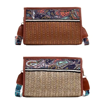 

2 Pcs Boho Rattan Bag Straw Beach Bag Women Ethnic Shoulder Bag with Colorful Strap Crossbody Bags for Women, Khaki & Brown
