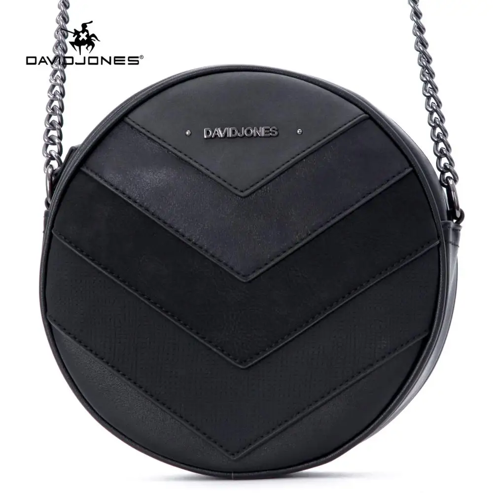 DAVID JONES women crossbody bag pu leather female shoulder bag small patchwork lady round bag handbag drop shipping - Цвет: Черный