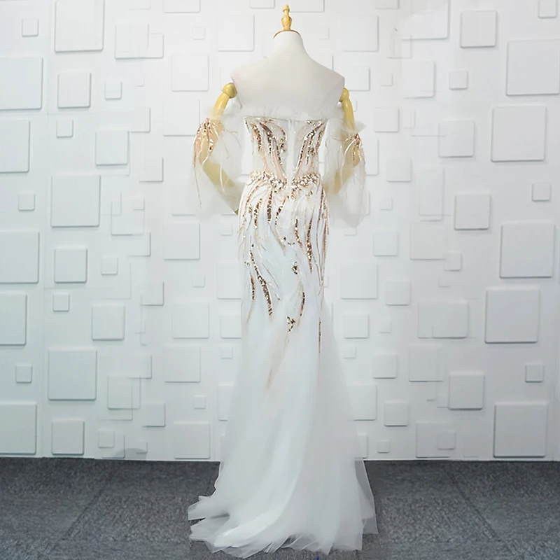 YY102 длинное белое платье для выпускного вечера Русалка Милая съемные рукава блестками бисером вечерние платья Иллюзия бальное платье