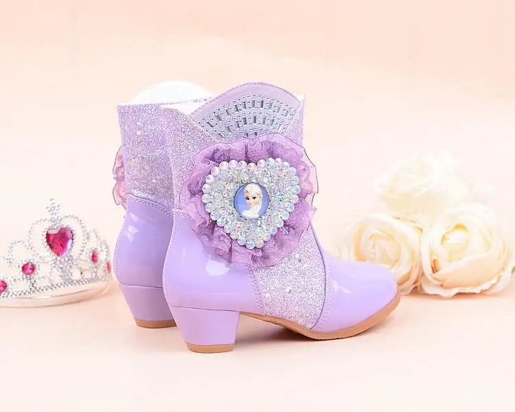 Детская обувь; модные детские сапоги принцессы с героями мультфильмов; качественные кожаные сапоги до колена с блестками; теплые зимние сапоги из натуральной шерсти для девочек - Цвет: Purple