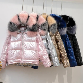 

Gloosy Winter Parka Women Cotton Padded Pink Silver Big Fur Hooded Shiny Snow Waterproof Overocat