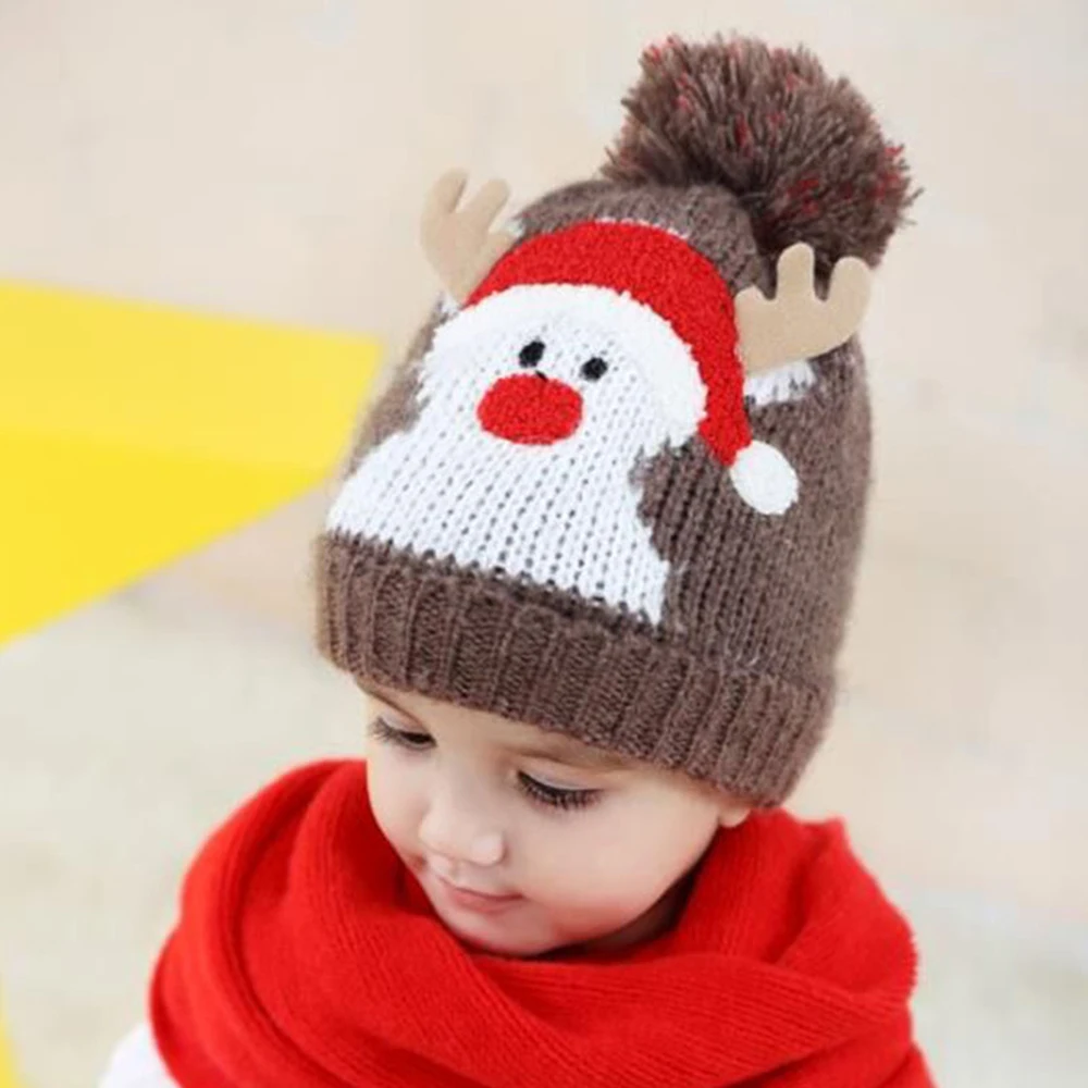 Детская Зимняя шерстяная Рождественская шапка на флисовой подкладке с рогами для детей 5 мес.-4 лет, наружная теплая шляпа для мальчиков и девочек, подарки