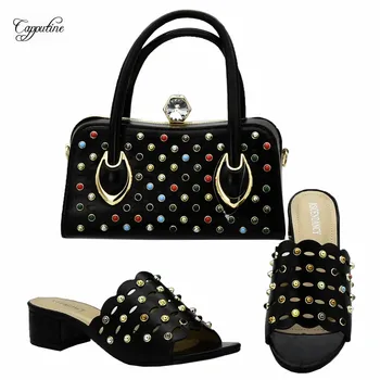 

Beautiful black lady medium heel slipper shoes and handbag set for party 111-1 heel height 4.5cm