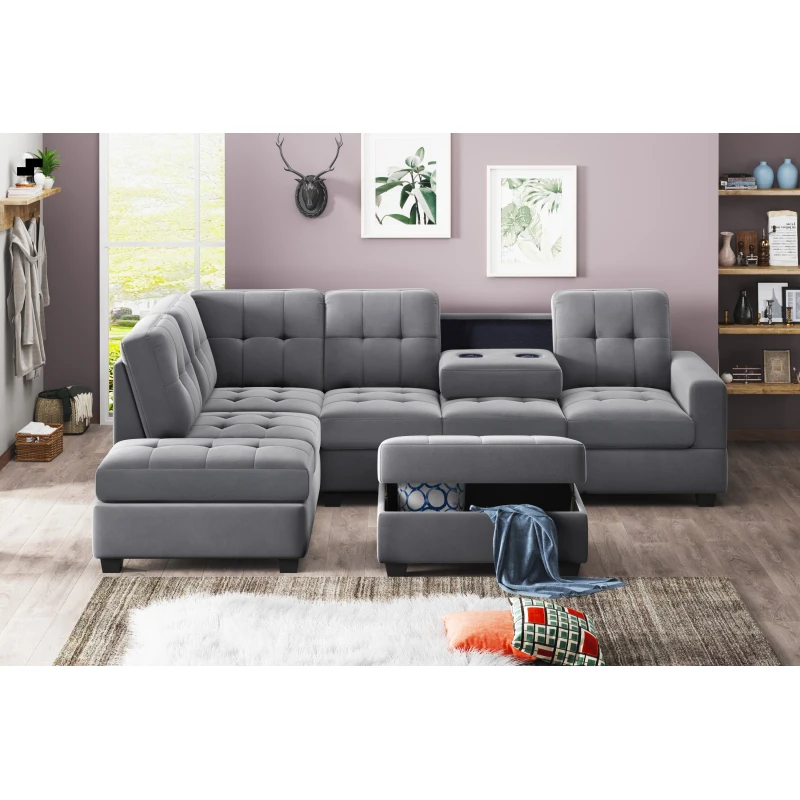 Sectional Sofa with Reversible Chaise Lounge, L-Shaped Couch with Storage Ottoman and Cup Holders