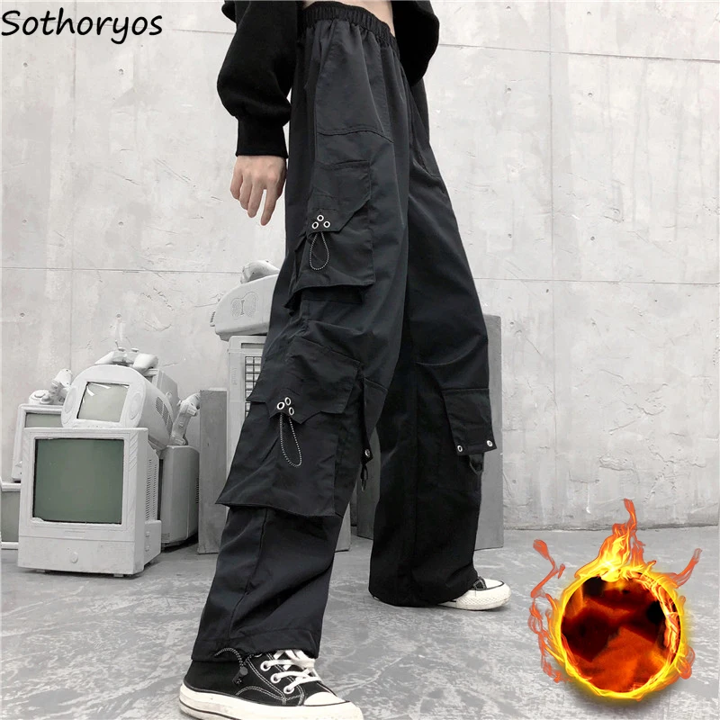 Зимние черные брюки-карго женские плотные бархатные теплые брюки с множеством