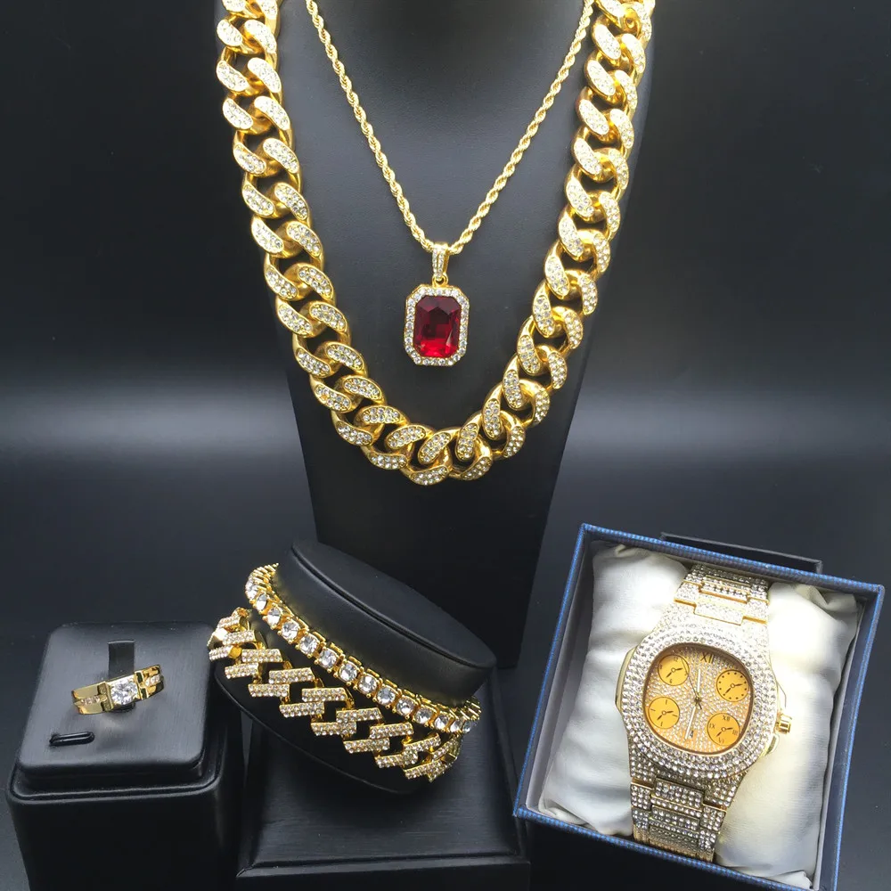Hip Hop Men necklace luxury men Watch& Necklace& Pendant& Bracelet& ring Combo Set ice out watch Hip Hop Jewelry Set For men