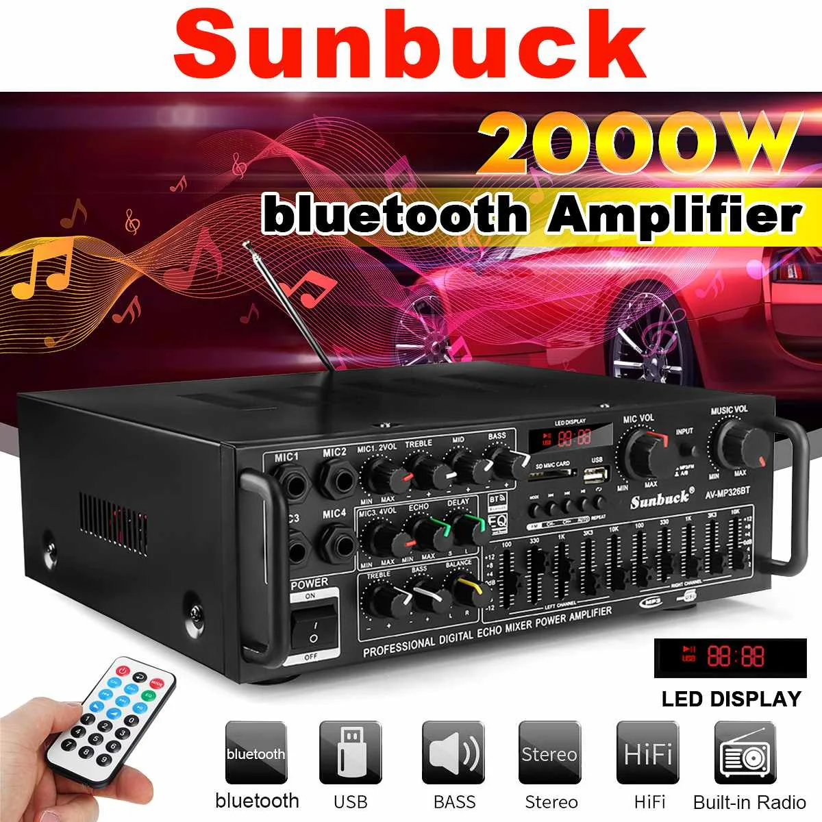 SUNBUCK 2000W 4ohm 2CH bluetooth Stereo Amplifier Wireless Hifi Stereo Audio Home Karaoke Power