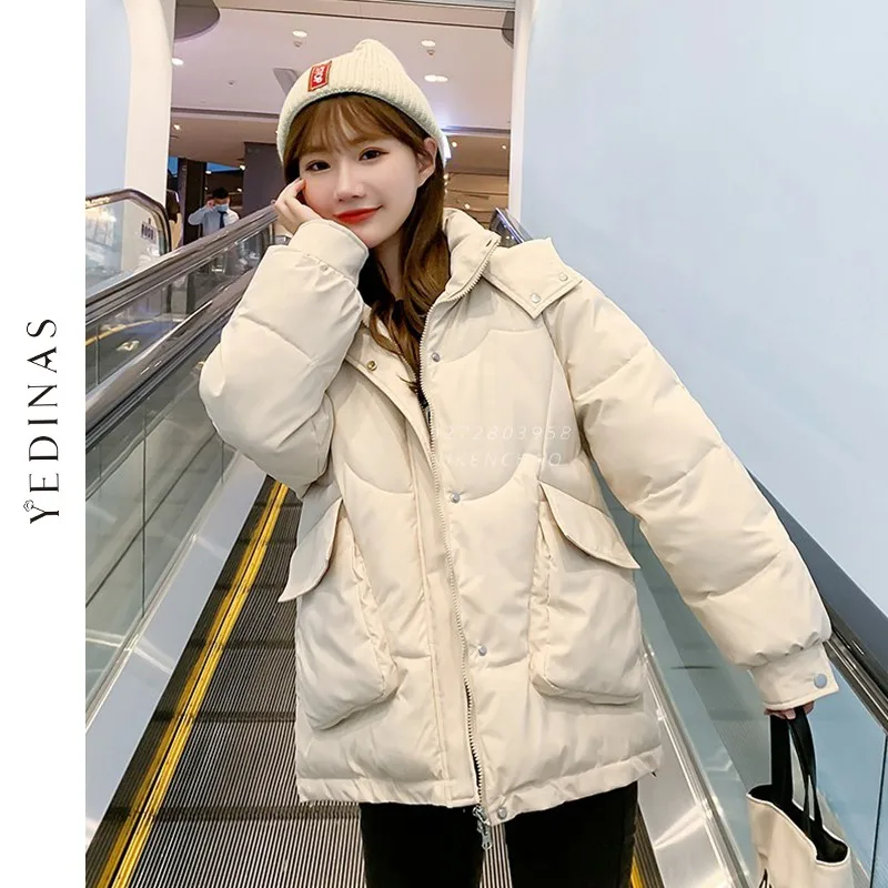 

Yedinas 2020 Women Parkas Jacket Fashion Solid Thick Coats Warm Winter Hooded Jacket Coat Solid Pocket Outwear High Quality Coat