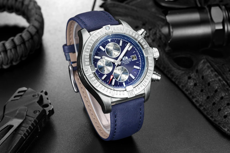 Automatique auto-vent lumineux mécanique toile Style véritable noir bleu cuir multifonction Date mois Sport hommes_voghion.com