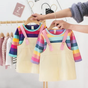 

Girls Princess Clothes Set Spring Long Sleeve Rainbow Striped T-shirt Tops+Children Kids Baby Infants Overalls Dress S10662