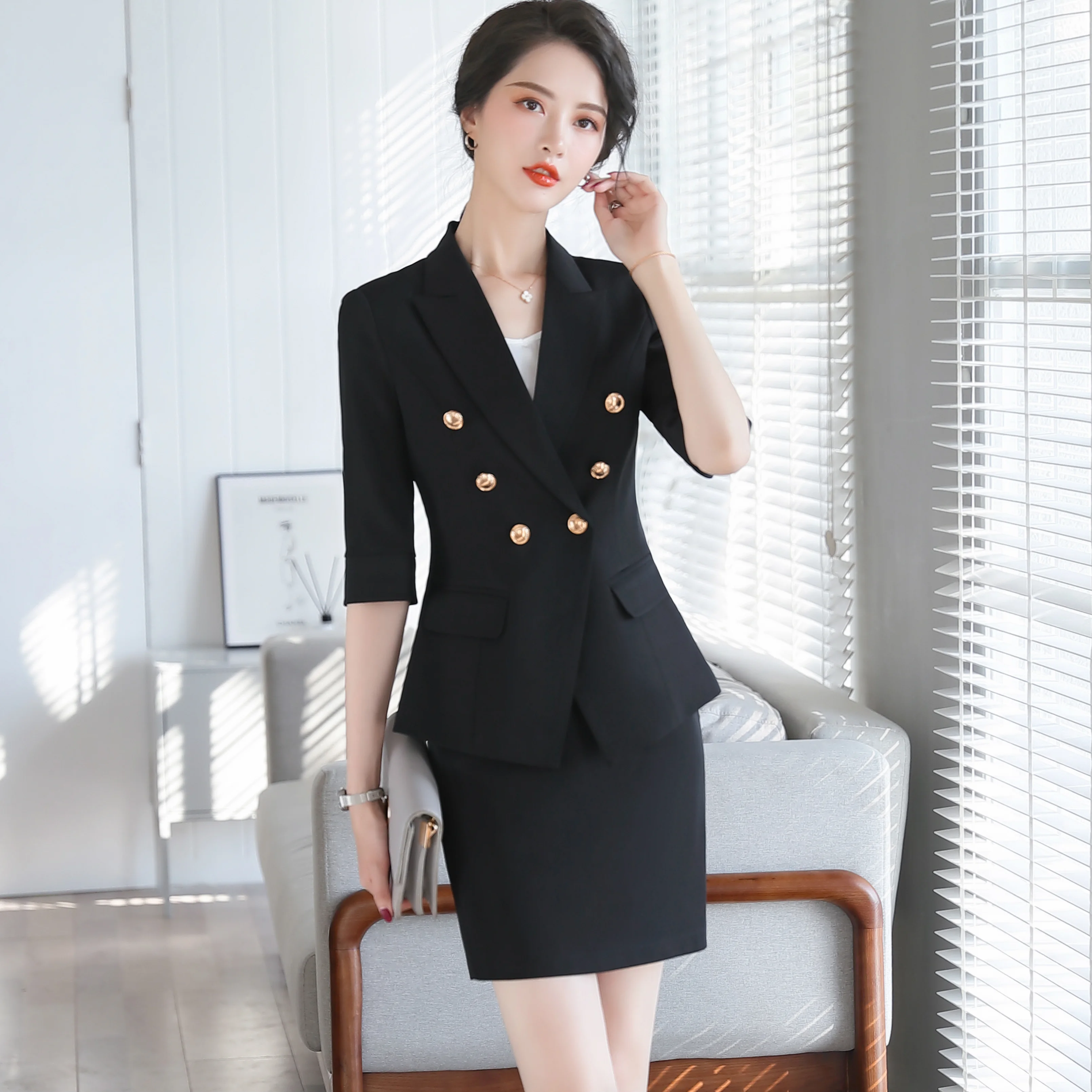 Chaqueta de abrigo estilo Blazer para mujeres traje de pantalones ajustados con doble botonadura y cuello con muescas para mujer, de negocios informales de moda para oficina - AliExpress