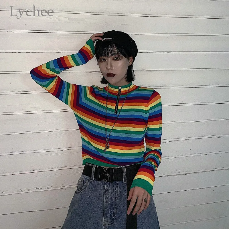 Lychee Harajuku радужная полоса женская трикотажная футболка водолазка кольцо на молнии Женская трикотажная футболка осенние женские футболки