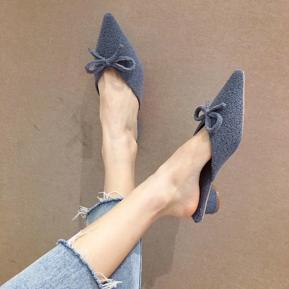 Famous Designer bow-knot wool mules shoes woman pointed toe furry slippers winter low heels shallow curl fur flip flops slides