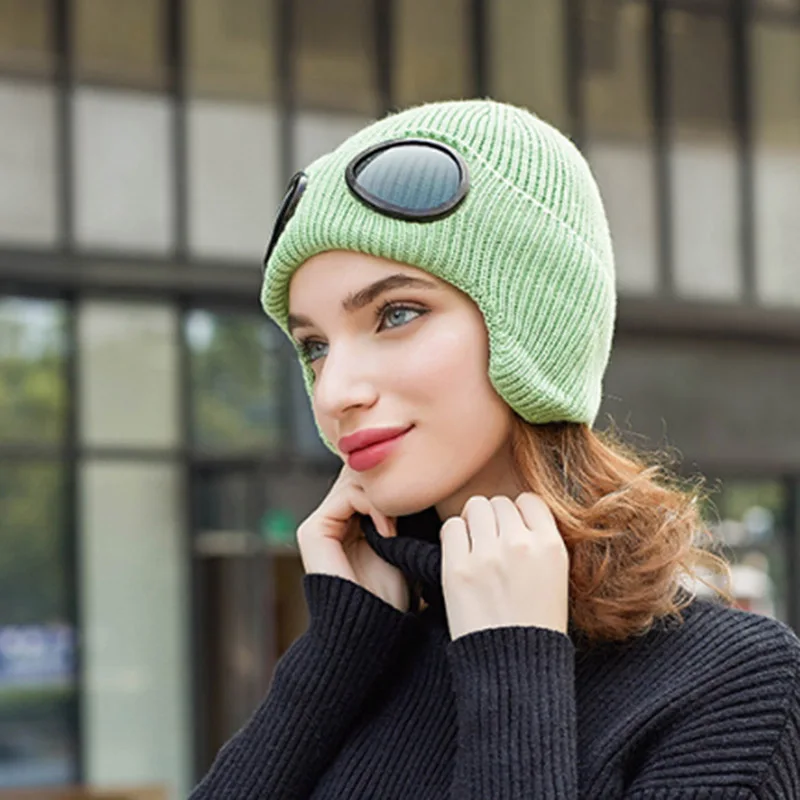 RUHAO двойная утолщенная зимняя вязаная шапка теплая шапочки Skullies Лыжная шерстяная шапка и очки для мужчин и женщин