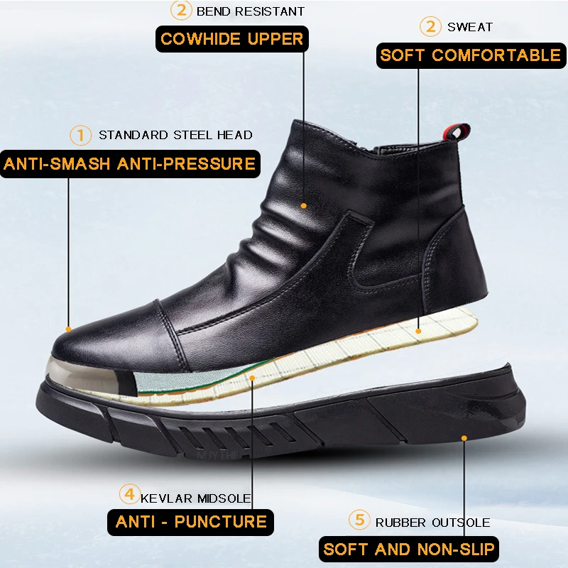Genuine Leather Mens Boots Safety Shoes Men Chelsea Boots Steel Toe Shoes Work Sneakers Indestructible Shoes Security Boots