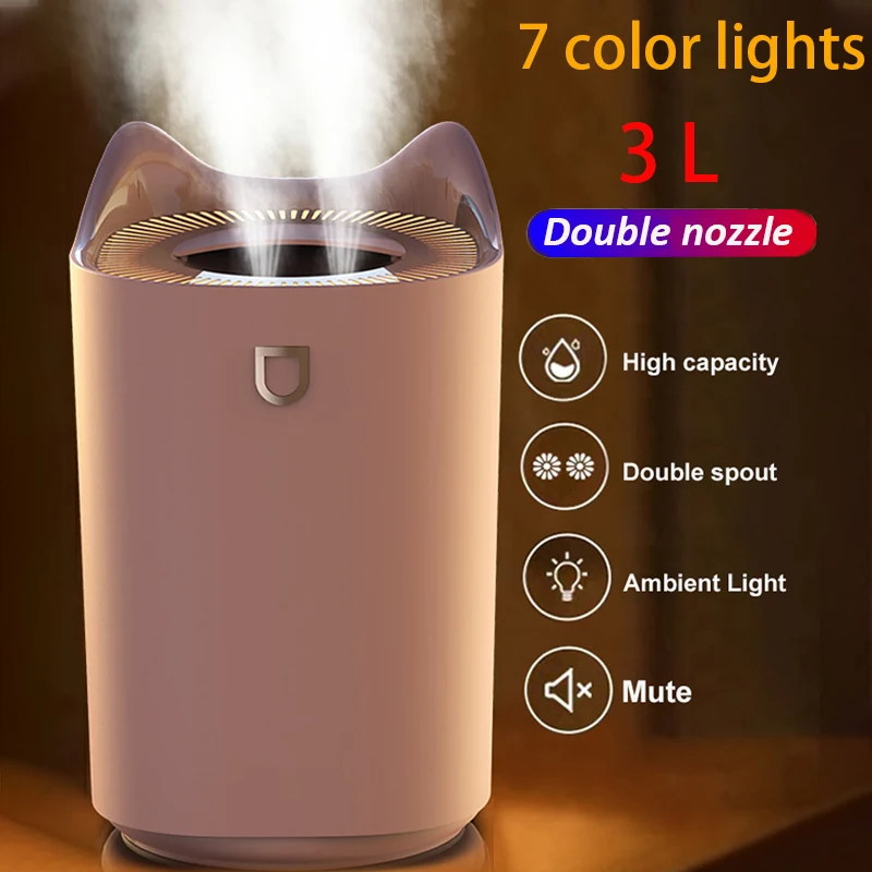 USB Air Humidifier 3L Double Nozzle Humidifier Aroma Diffuser With Colored LED Light Heavy Fog Ultrasonic Diffuser Essential Oil