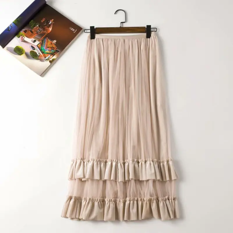 

2019 Autumn New Style Western Style Vertical Stripe Gold Velvet Lotus Leaf Joint Gauze Skirt