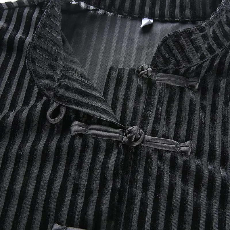 Летняя Готическая бархатная футболка для женщин, китайский винтажный черный укороченный топ со стоячим воротником, Сексуальная футболка, повседневные футболки хип хоп для девушек