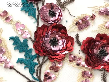 

African Lace Fabric 3D Flower High Quality Lace Sequins French Lace Fabric For Party Dress Tulle Lace Material Red