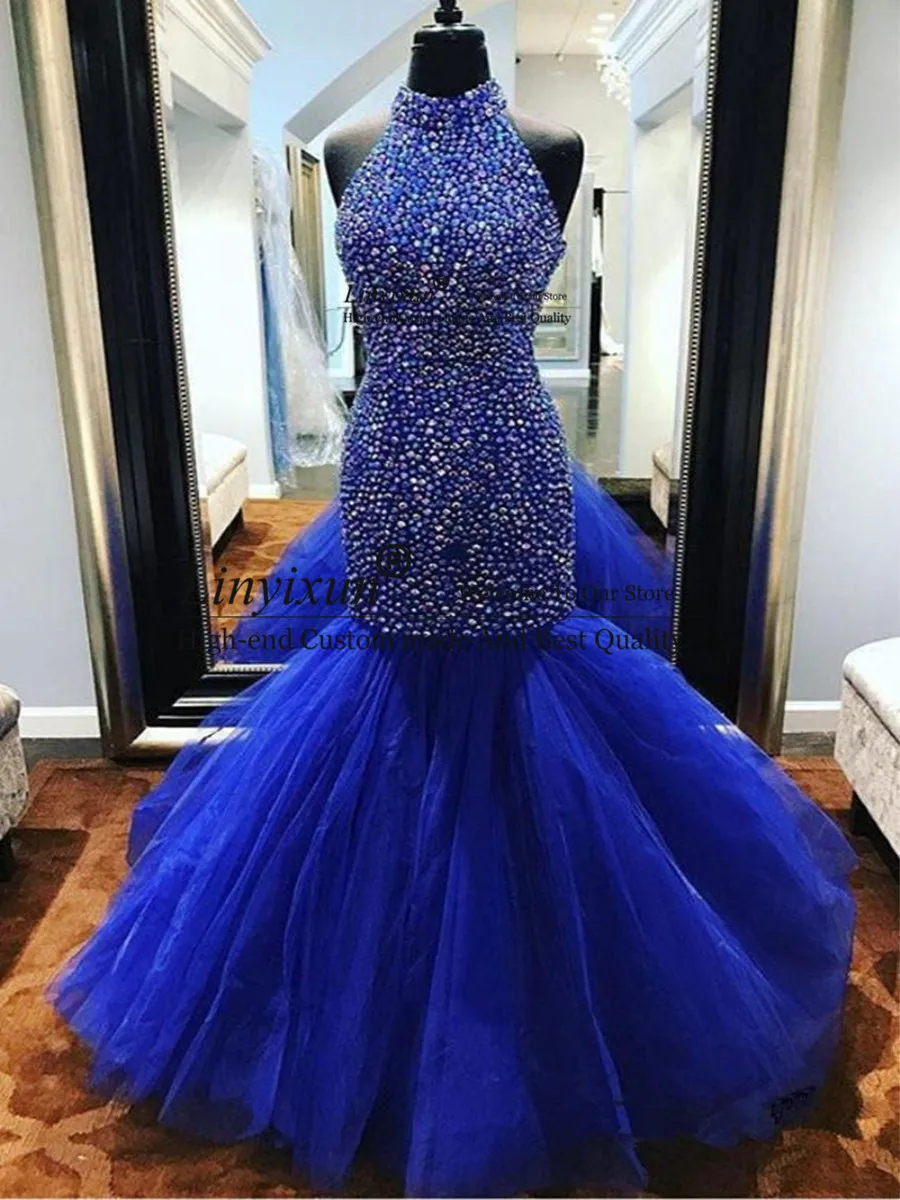 Полный Стразы платья для выпускного вечера с высоким воротом Русалка Тюль Длина до пола Королевский синий вечернее платье на заказ платья для выпускного вечера