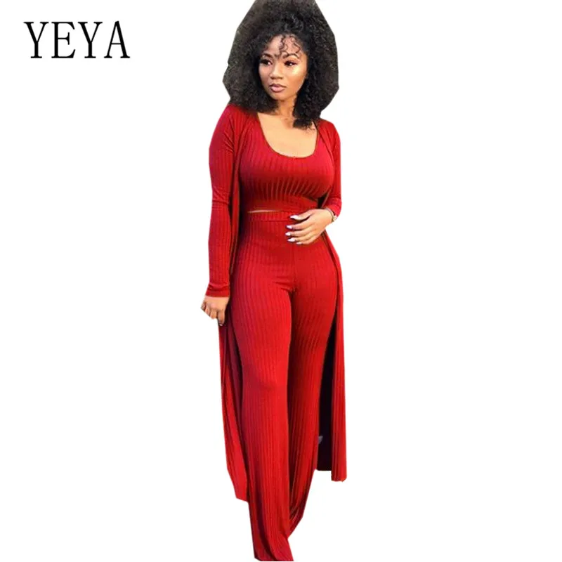Красный YEYA/осенние новые эластичные вязаные костюмы из 3 предметов, Свободные Комбинезоны, женские комбинезоны с длинными рукавами, повседневные женские комбинезоны - Цвет: Красный