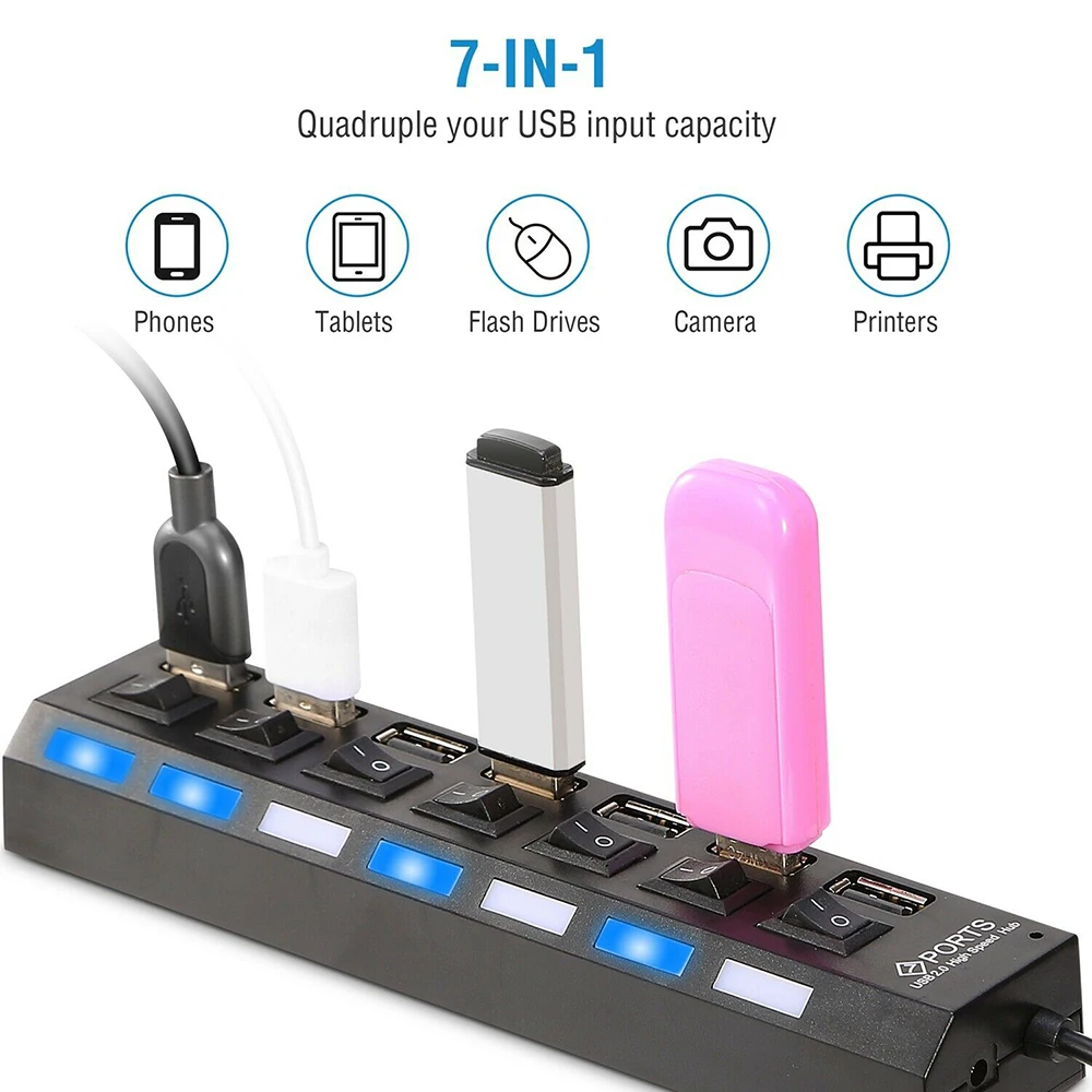 

High-Speed Adapter ON/OFF Switch Usb hub 7-Port USB 2.0 Multi Usb Charger for Laptop PC Compatible for Windows 95/98/2000/2003