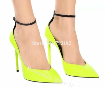 

Women Elegant Pointed Toe Patent Leather Stiletto Heel Pumps Ankle Straps Yellow High Heels Big Size Heels Dress Shoes