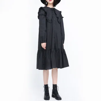 

2020 Female Spring Autumn New Style Casual Loose Ruffles Split Shirt Dress Temperament Knee Length Long Sleeve Lapel Midi Dress