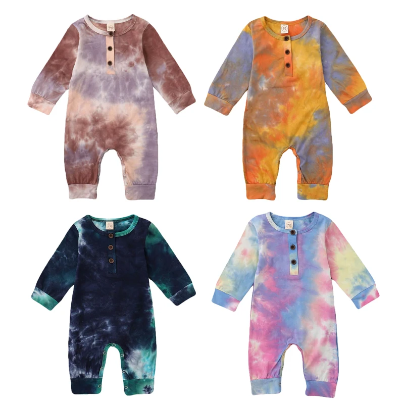 FOCUSNORM Newborn Baby Girls Boys Rompers Tie-Dye Printed Long Sleeve Button Autumn Jumpsuits 4 Colors