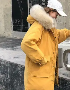 

Women Padded Yellow Fur Hooded Korean Hip Length Coats Pocket Casual Parka Sz G03