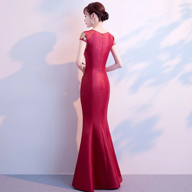 Улучшенная cheongsam тост одежда cheongsam невесты новая длинная юбка-годе красный ведущий сцена китайский стиль вечернее платье женское