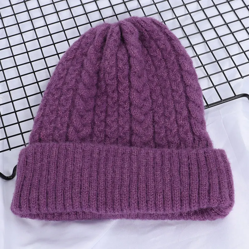 Purple Зимние женские шапки, теплая Женская Шапка-бини, осенняя Женская шерстяная вязаная шапочка, шапка-браслет для девочек, весенняя шапка для девочек - Цвет: Purple