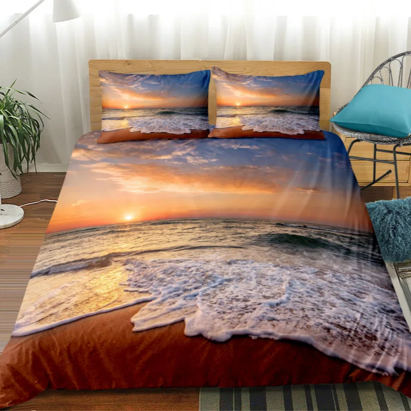 

HM Life Duvet Cover Set 3 Pieces Big Printing Sunset Beach Coconut Tree 8 Colors Coverlet Bed Clothes Home Textile Bedding Set