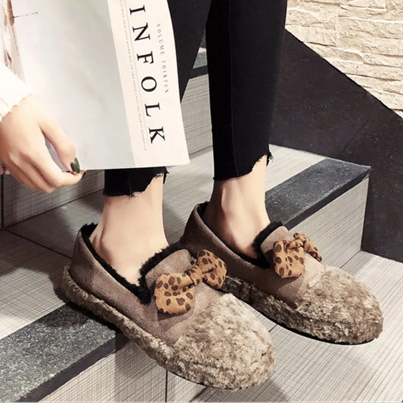 

Korean Shoes Loafers Fur Casual Female Sneakers Shallow Mouth All-Match Women's Moccasins Round Toe Flats 2019 New Winter Dress