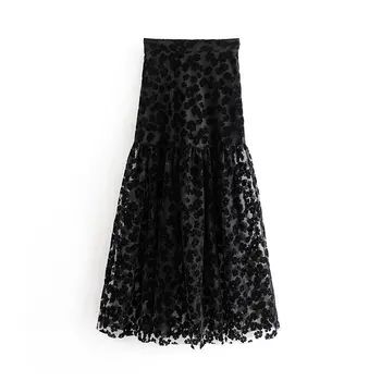 

2019 Women high street floral embroidery mesh vestidos black long skirt faldas mujer ladies side zipper chic skirts