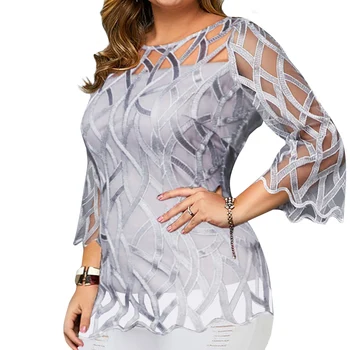 

Plus Size Lace Blouse Shirt Women 3/4 Sleeve O Neck Mesh Patchwork Shirts Large Size Ladies Blouse And Tops Geometric Blusas D30