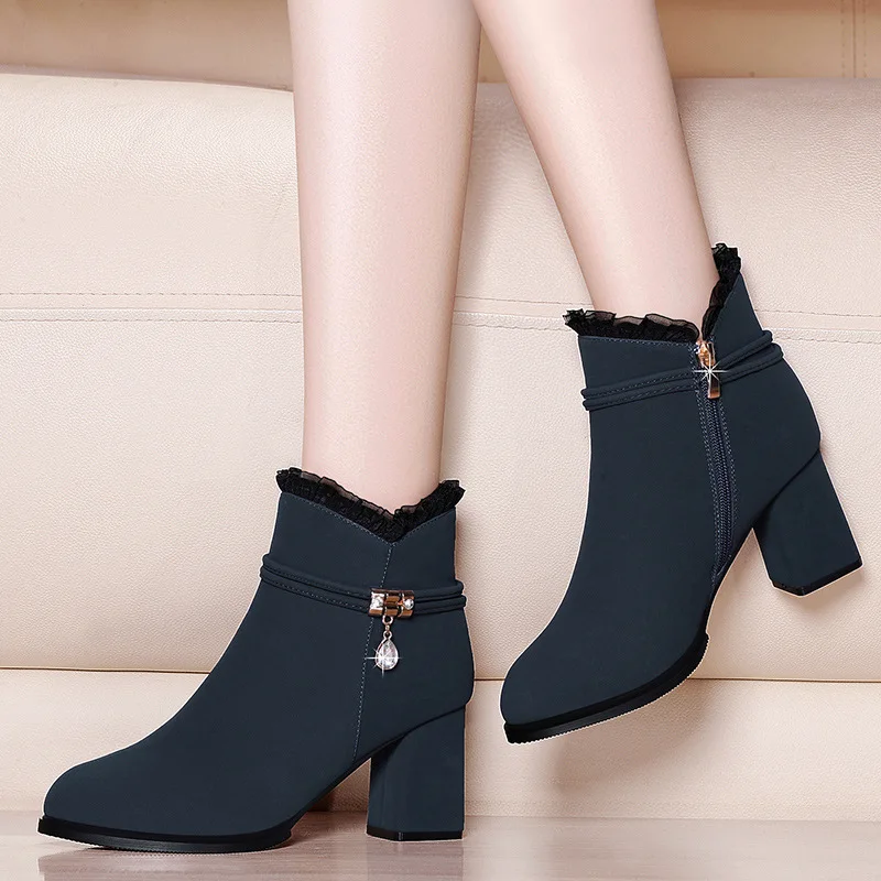 

Man-made Diamond Chunky-Heel Short Boots Women's 2019 Autumn And Winter New Style Ann Martin Boots High Heel Thick Bottomed Wome