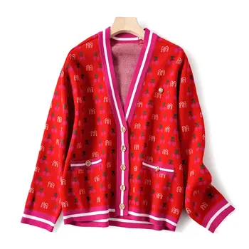 

Women Knit Cardigan sweater little Fragrant Cherry Print Red Knit Cardigan coat