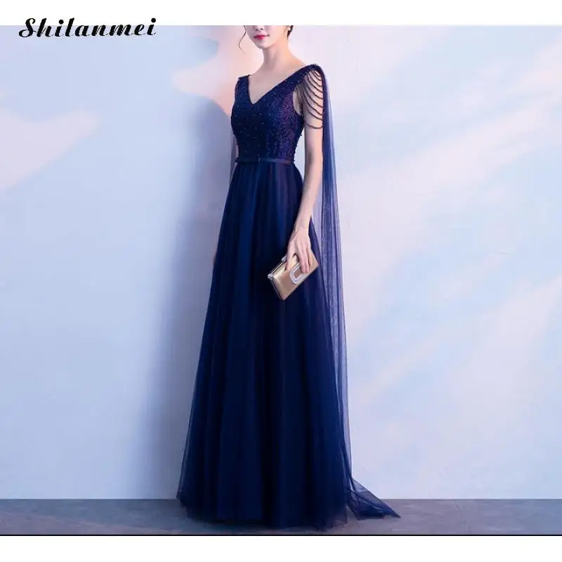Vintage Cloak Sleeve Evening Party Dress Women Elegant Rolay Blue Sequin Loor-Length Sexy Deep V Long Plus Size Dresses | Женская одежда