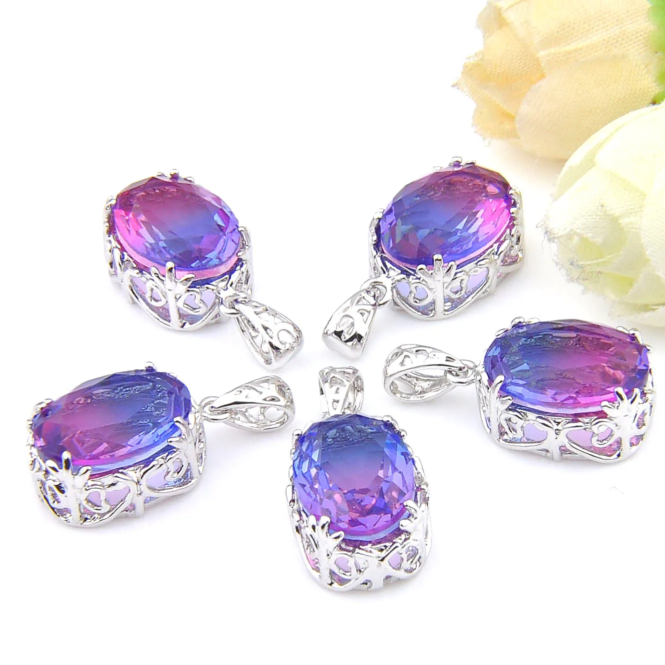 MIX 5 PCS Xmas Gifts Big Offer Oval Purple Rainbow Bi-Colored Tourmaline Necklaces Pendants for Holiday Party Gifts
