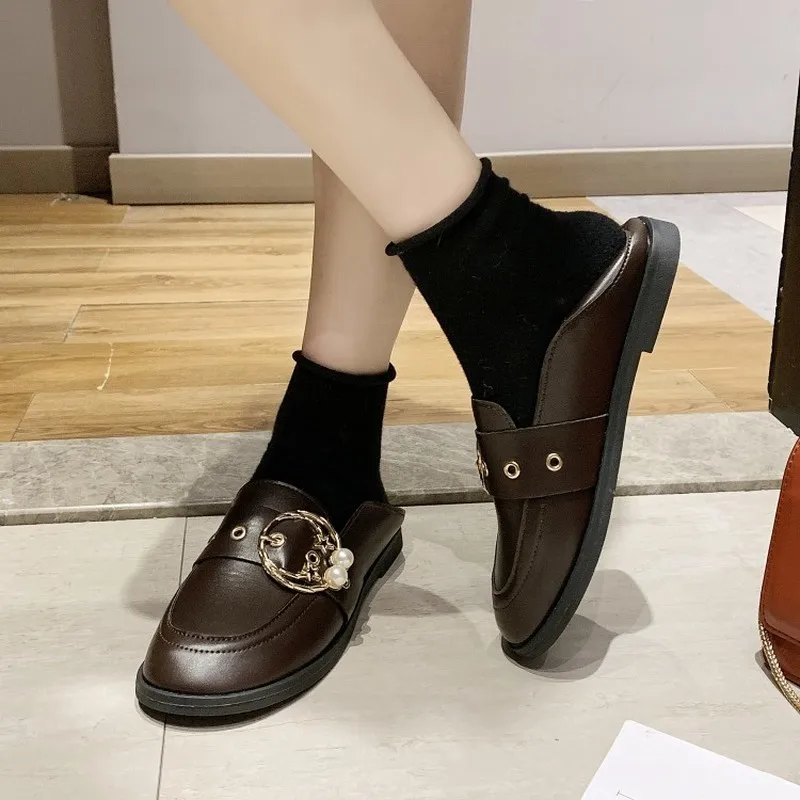 

Metal Buckle WOMEN'S Flat Shoes Step on with Loafers Foot Covering Shallow Mouth Single Shoes Loafers Work Small Leather Z15-95