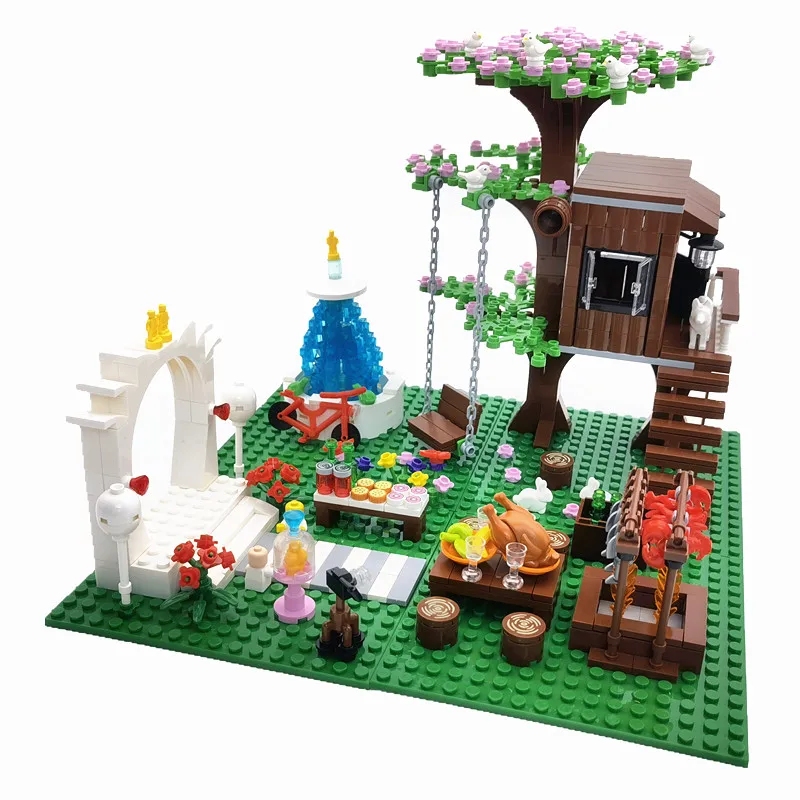 4 Sets Trees House Building Blocks Bricks Parts Wedding BBQ Fountain Toys with Baseplates Compatible Classic City Bloques | Игрушки и