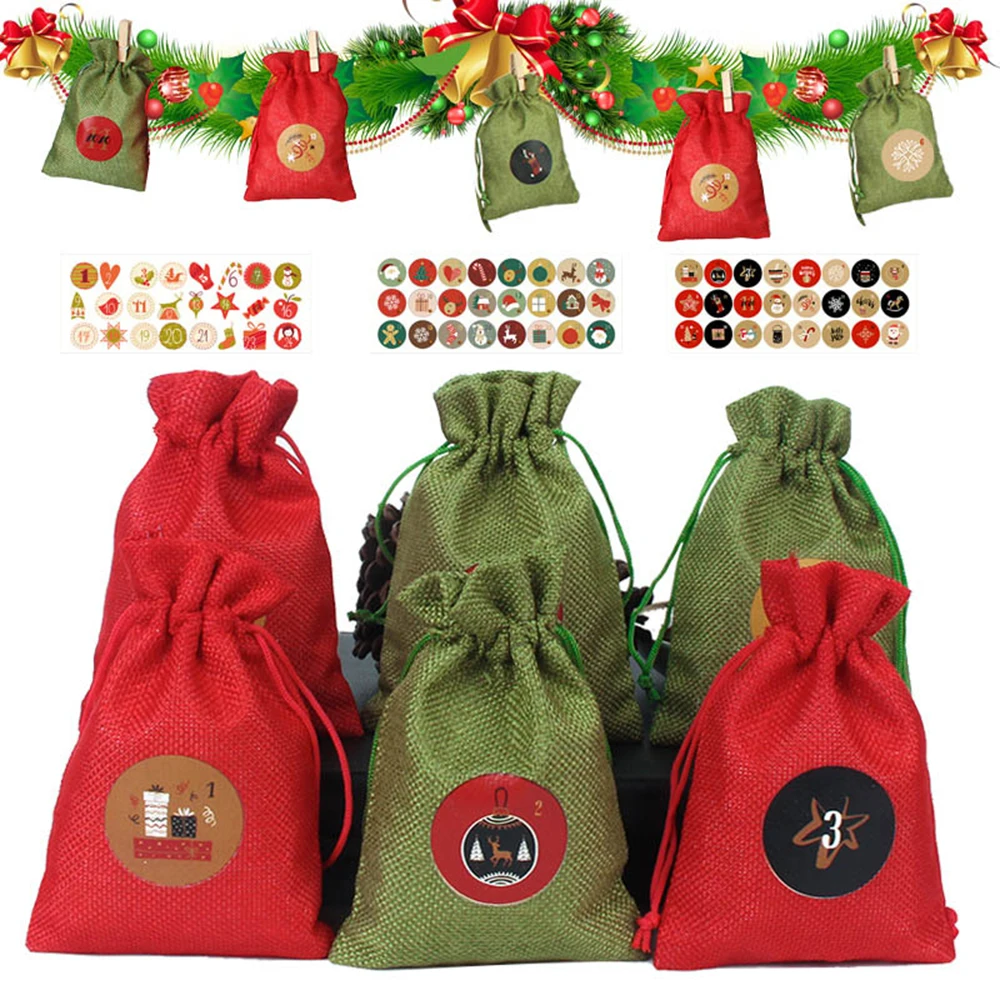 24PCS Christmas Calendar Cotton Linen Bag Advent Calendar Fabric Candy Bag  Christmas Gift Bag Christmas Calendar Kit 12 Types