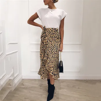 

Hot Summer Sexy Women Lace Up Skirts Fashion High Waist Ruffles Loose Slim Long Wrap Skirt Ladies Leopard Beach Clothing Female