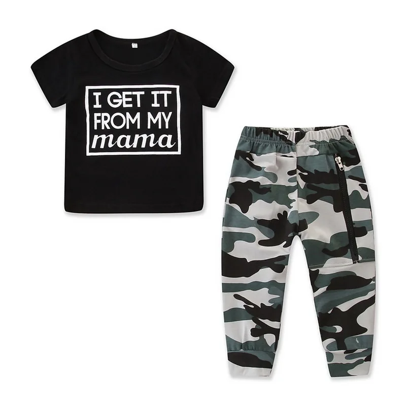 Little Baby Boy Cool Outfit Print Number 1 Crown Long Sleeves Cotton Shirt Top+Camouflage Shorts Outfits 2PCS Set