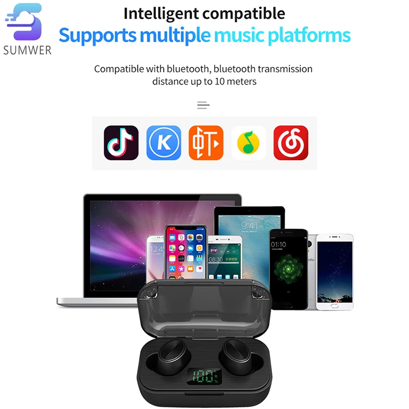F6 5 0Bluetooth headset 2000Mah in Earphones LED Power Display tws wireless Headphones Super Bass Stereo In ear handfree earbud