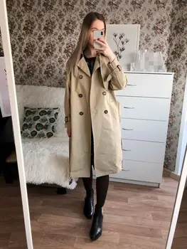 

2019 Autumn Women Korean Turn-Down Collar Belt Trench Double Breasted Windbreaker Knee Length Split Wind Long Coat