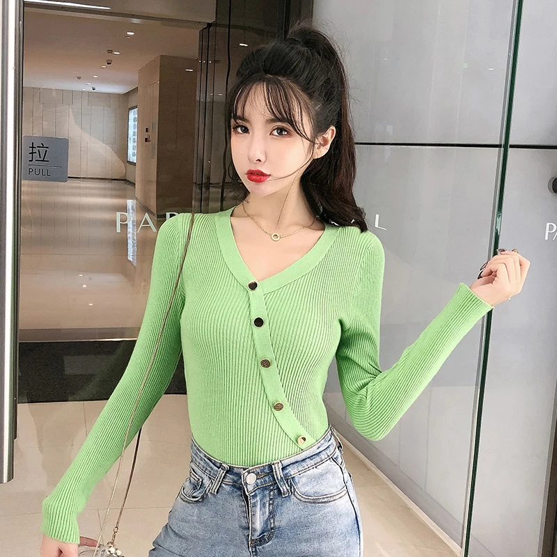 

HAYBLST Brand Women Sweater Autumn Fashion Stretch Knitting Tops Korean Style Slim Patchwork Button Long Sleeve Solid Clothing