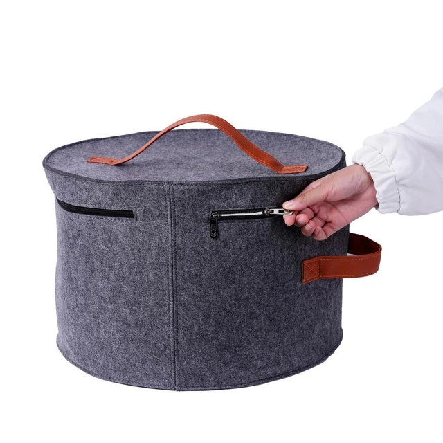 Round Hat Storage Box, 17 Diameter Felt Travel Hat Boxes for Women & Men  with Translucent Dustproof Lid and Shoulder Strap for Various Types of